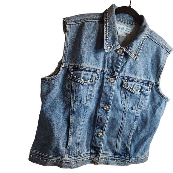 L.A. Blues Vintage Embellished Cotton Denim Vest Pleated Size XL One Of A Kind - Picture 5 of 14